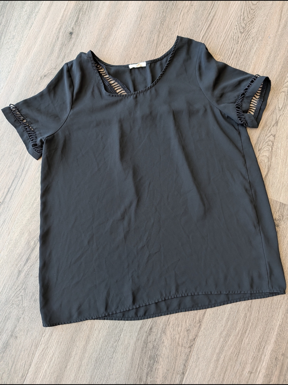 Pleione Black Short-Sleeve Blouse with Cut Out Style Trim